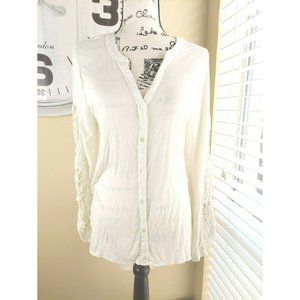 Valerie Stevens Womens Ivory Tunic Top L Lace sleeve Hi-low Hem